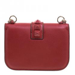 Pre Owned Valentino Red Leather Rockstud Lock Flap Crossbody Bag