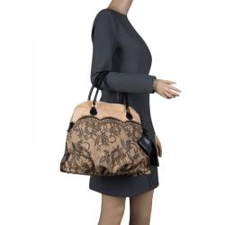 Pre Owned Valentino Beige/Black Canvas and Lace Bow Dome Satchel