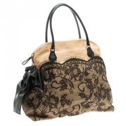 Pre Owned Valentino Beige/Black Canvas and Lace Bow Dome Satchel