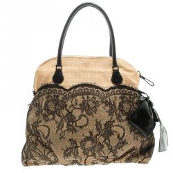 Pre Owned Valentino Beige/Black Canvas and Lace Bow Dome Satchel