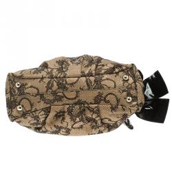 Pre Owned Valentino Beige/Black Canvas and Lace Bow Dome Satchel