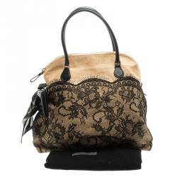 Pre Owned Valentino Beige/Black Canvas and Lace Bow Dome Satchel
