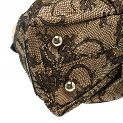 Pre Owned Valentino Beige/Black Canvas and Lace Bow Dome Satchel