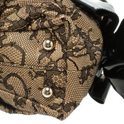 Pre Owned Valentino Beige/Black Canvas and Lace Bow Dome Satchel