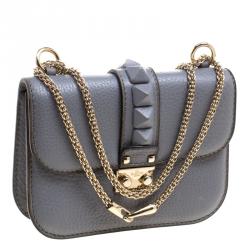 Pre Owned Valentino Stone Blue Leather Rockstud Small Glam Lock Shoulder Bag