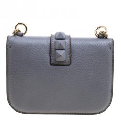 Pre Owned Valentino Stone Blue Leather Rockstud Small Glam Lock Shoulder Bag