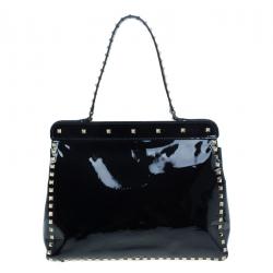 مملوكة مسبقًا Valentino Black Patent Leather RockStud Frame Top Handle Tote