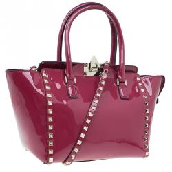 Pre Owned Valentino Pink Patent Leather Small Rockstud Shopper Tote Bag
