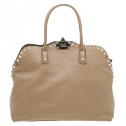 Pre Owned Valentino Beige Leather Rockstud Dome Double Handle Bag