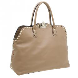 Pre Owned Valentino Beige Leather Rockstud Dome Double Handle Bag