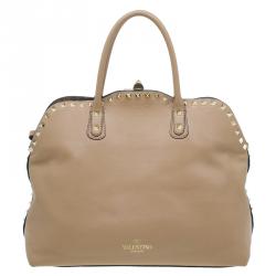 Pre Owned Valentino Beige Leather Rockstud Dome Double Handle Bag