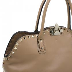 Pre Owned Valentino Beige Leather Rockstud Dome Double Handle Bag