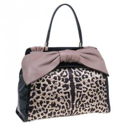 Pre Owned Valentino Black Leopard Print Raffia Patent Leather Aphrodite Bow Top Handle Bag
