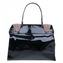 Pre Owned Valentino Black Leopard Print Raffia Patent Leather Aphrodite Bow Top Handle Bag