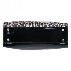 Pre Owned Valentino Black Leopard Print Raffia Patent Leather Aphrodite Bow Top Handle Bag