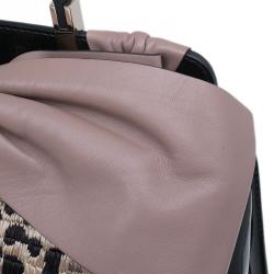 Pre Owned Valentino Black Leopard Print Raffia Patent Leather Aphrodite Bow Top Handle Bag