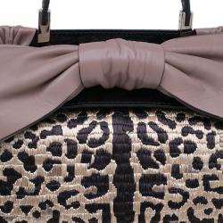 Pre Owned Valentino Black Leopard Print Raffia Patent Leather Aphrodite Bow Top Handle Bag