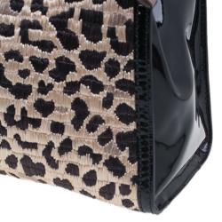 Pre Owned Valentino Black Leopard Print Raffia Patent Leather Aphrodite Bow Top Handle Bag
