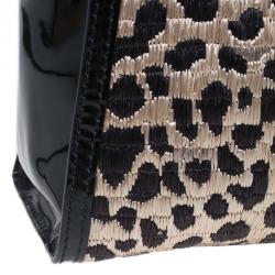 Pre Owned Valentino Black Leopard Print Raffia Patent Leather Aphrodite Bow Top Handle Bag