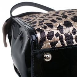 Pre Owned Valentino Black Leopard Print Raffia Patent Leather Aphrodite Bow Top Handle Bag