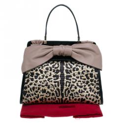 Pre Owned Valentino Black Leopard Print Raffia Patent Leather Aphrodite Bow Top Handle Bag