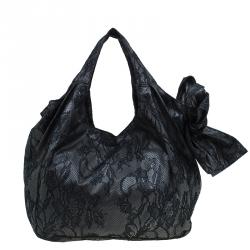 Pre Owned Valentino Black All Lace Medium Nuage Bow Hobo