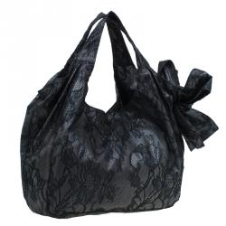 Pre Owned Valentino Black All Lace Medium Nuage Bow Hobo