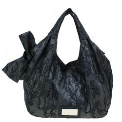 Pre Owned Valentino Black All Lace Medium Nuage Bow Hobo