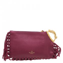 Pre Owned Valentino Red Leather C Rockee Gryphon Fringe Clutch