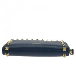 Pre Owned Valentino Blue Leather Medium Rockstud Zip Around Wallet