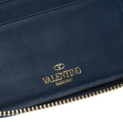 Pre Owned Valentino Blue Leather Medium Rockstud Zip Around Wallet