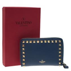 Pre Owned Valentino Blue Leather Medium Rockstud Zip Around Wallet
