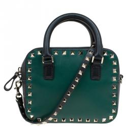 Pre Owned Valentino Green/Black Leather Mini Rockstud Top Handle Bag