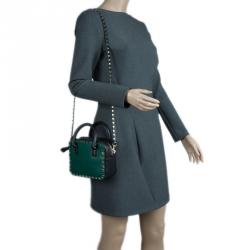 Pre Owned Valentino Green/Black Leather Mini Rockstud Top Handle Bag
