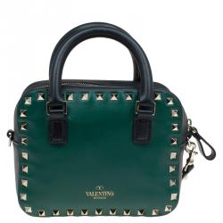 Pre Owned Valentino Green/Black Leather Mini Rockstud Top Handle Bag