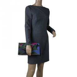 Pre Owned Valentino Multicolor Leather Camouflage Rockstud Wristlet Clutch