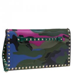 Pre Owned Valentino Multicolor Leather Camouflage Rockstud Wristlet Clutch