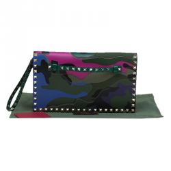 Pre Owned Valentino Multicolor Leather Camouflage Rockstud Wristlet Clutch