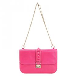 Pre Owned Valentino Pink Leather Rockstud Glam Rock Flap Bag