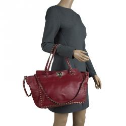 Pre Owned Valentino Burgundy Leather Medium Rockstud Tote