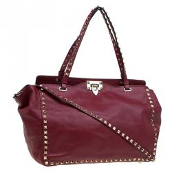 Pre Owned Valentino Burgundy Leather Medium Rockstud Tote