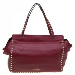 Pre Owned Valentino Burgundy Leather Medium Rockstud Tote