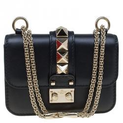 Pre Owned Valentino Black Leather Mini Glam Lock Flap Bag