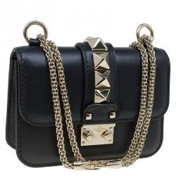 Pre Owned Valentino Black Leather Mini Glam Lock Flap Bag