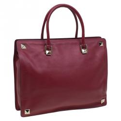 Pre Owned Valentino Burgundy Leather Rockstud Tote