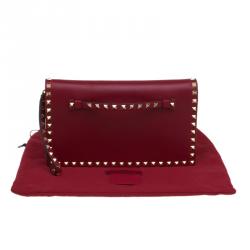Pre Owned Valentino Burgundy Leather Rockstud Wristlet Clutch