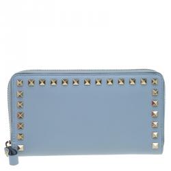 Pre Owned Valentino Grey Leather Rockstud Zip Around Wallet