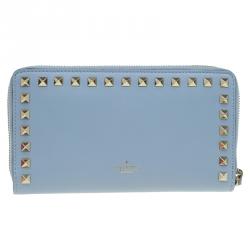 Pre Owned Valentino Grey Leather Rockstud Zip Around Wallet