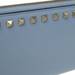 Pre Owned Valentino Grey Leather Rockstud Zip Around Wallet