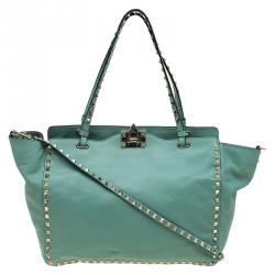 Pre Owned Valentino Light Green Leather Medium Rockstud Tote